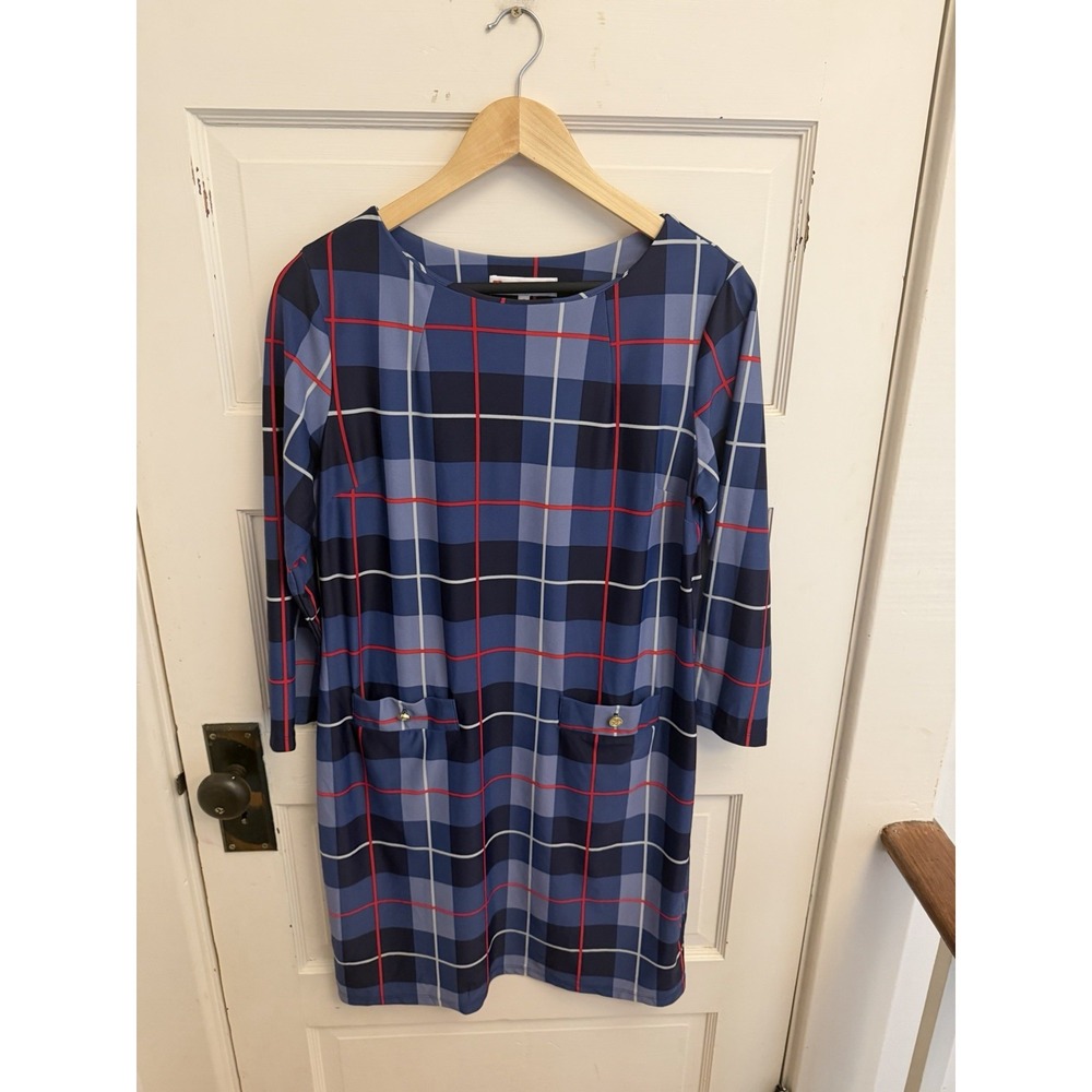 Jude Connally Women's Blue Sabine Tartan Shift Dress Plaid Stretch Size M $218